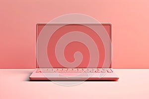 Pink laptop computer sitting on top of table next to pink wall. Generative AI