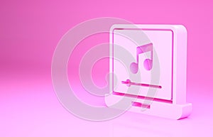 Pink Laptop with music note symbol on screen icon isolated on pink background. Minimalism concept. 3d illustration 3D