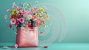 Pink leather bag full of spring flowers on turquoise blue background with copy space AI generated