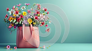 Pink leather bag full of spring flowers on turquoise blue background with copy space AI generated