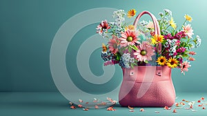 Pink leather bag full of spring flowers on turquoise blue background with copy space AI generated