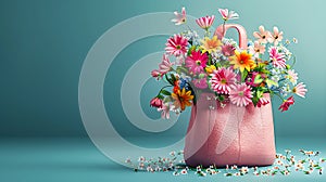 Pink leather bag full of spring flowers on turquoise blue background with copy space AI generated