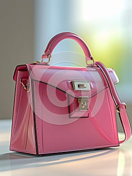Pink leather female handbag on white table.