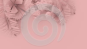 The Pink leaves and pink palm overlap to form art dimensions, And there is empty space pastel pink, Concept art, On Pink pastel Ba