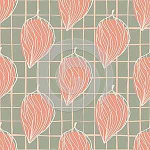 Pink leaves silhouettes seamless pattern. Hnad drawn abstract botanic ornament on grey chequred background