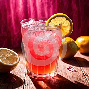 Pink lemonade, pink colored fancy fresh squeezed lemon citrus fruit drink