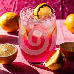 Pink lemonade, pink colored fancy fresh squeezed lemon citrus fruit drink