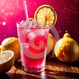 Pink lemonade, pink colored fancy fresh squeezed lemon citrus fruit drink