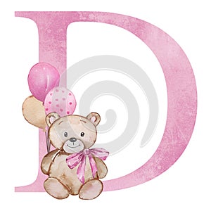 Pink letter D with watercolor teddy bear