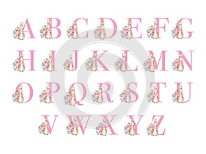 Pink letters alphabet with watercolor peter rabbit and flowers