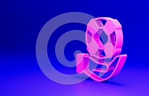 Pink Lifebuoy in hand icon isolated on blue background. Lifebelt symbol. Minimalism concept. 3D render illustration