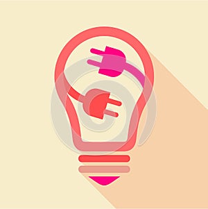Pink light bulb with electric plugs inside icon