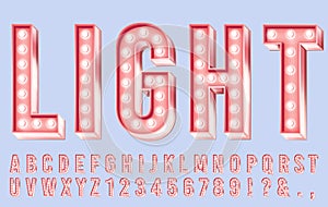 Pink lighting font. Alphabet letters with bulbs, retro numbers and bright bulb lights in letter 3d vector illustration