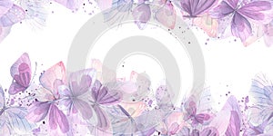 Pink, lilac and blue butterflies, gentle, airy, flying. Watercolor illustration. Seamless border on a white background