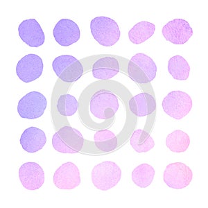 Pink, lilac watercolor round spots, circle shape brush strokes