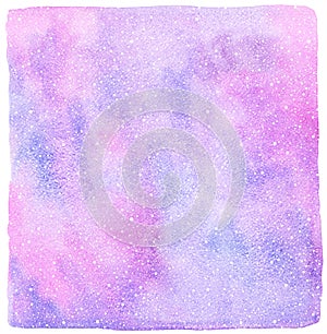 Pink and lilac winter watercolor background with snowfall texture
