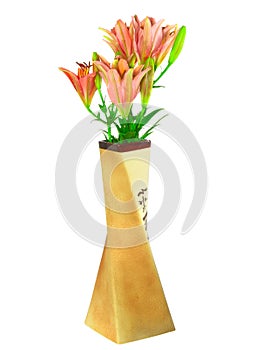 Pink liliesin vase on white background. Isolated.