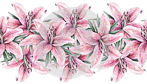 Pink lily flowers isolated on white background. Watercolor handwork illustration. Seamless pattern frame border with lilies