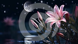 Pink lily in the night forest with moonlight