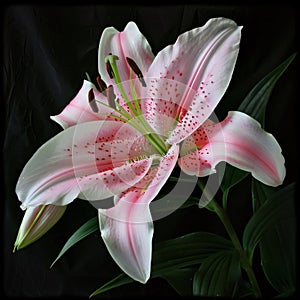 Pink lily with petals on a green stem, dark background. Flowering flowers, a symbol of spring, new life