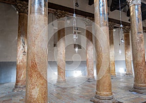 Pink limestone Columns in the Church of the Nativity. Bethlehem