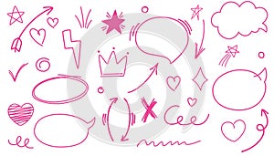 Pink line arrow element, star, heart shape. Hand drawn doodle sketch style circle, cloud speech bubble grunge element set.