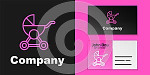 Pink line Baby stroller icon isolated on black background. Baby carriage, buggy, pram, stroller, wheel. Logo design