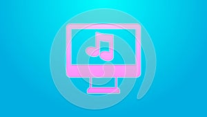 Pink line Computer with music note symbol on screen icon isolated on blue background. 4K Video motion graphic animation