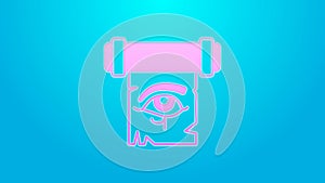 Pink line Eye of Horus on papyrus scroll icon isolated on blue background. Parchment paper. Ancient Egypt symbol. 4K