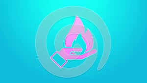 Pink line Hand holding a fire icon isolated on blue background. Insurance concept. Security, safety, protection, protect