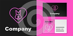 Pink line Heart with dog icon isolated on black background. Pet paw in heart. Love to the animals. Logo design template
