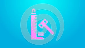 Pink line High striker attraction with big hammer icon isolated on blue background. Attraction for measuring strength