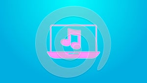 Pink line Laptop with music note symbol on screen icon isolated on blue background. 4K Video motion graphic animation