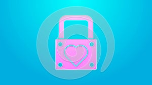 Pink line Lock and heart icon isolated on blue background. Locked Heart. Love symbol and keyhole sign. Valentines day
