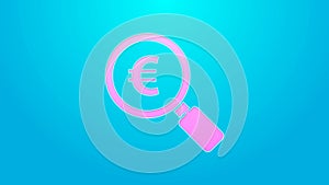 Pink line Magnifying glass and euro symbol icon isolated on blue background. Find money. Looking for money. 4K Video