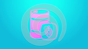 Pink line Metal beer keg icon isolated on blue background. 4K Video motion graphic animation