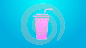 Pink line Paper glass with drinking straw and water icon isolated on blue background. Soda drink glass. Fresh cold