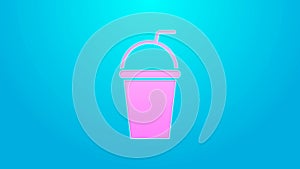 Pink line Paper glass with drinking straw and water icon isolated on blue background. Soda drink glass. Fresh cold