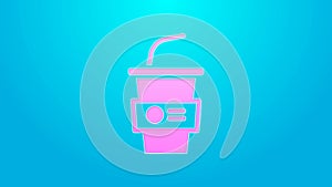 Pink line Paper glass with drinking straw and water icon isolated on blue background. Soda drink glass. Fresh cold