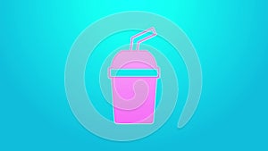 Pink line Paper glass with drinking straw and water icon isolated on blue background. Soda drink glass. Fresh cold