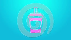 Pink line Paper glass with drinking straw and water icon isolated on blue background. Soda drink glass. Fresh cold