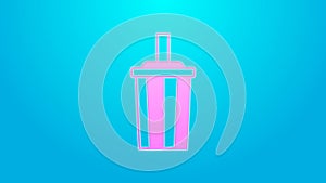 Pink line Paper glass with drinking straw and water icon isolated on blue background. Soda drink glass. Fresh cold