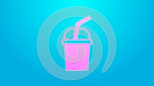 Pink line Paper glass with drinking straw and water icon isolated on blue background. Soda drink glass. Fresh cold