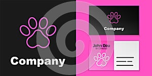 Pink line Paw print icon isolated on black background. Dog or cat paw print. Animal track. Logo design template element