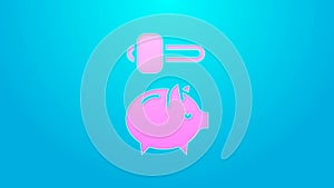 Pink line Piggy bank and hammer icon isolated on blue background. Icon saving or accumulation of money, investment. 4K