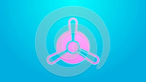 Pink line Plane propeller icon isolated on blue background. Vintage aircraft propeller. 4K Video motion graphic