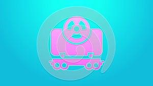 Pink line Radioactive cargo train wagon icon isolated on blue background. Freight car. Railroad transportation. 4K Video