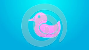 Pink line Rubber duck icon isolated on blue background. 4K Video motion graphic animation