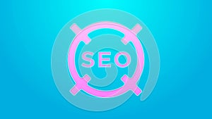 Pink line SEO optimization icon isolated on blue background. 4K Video motion graphic animation