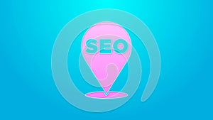 Pink line SEO optimization icon isolated on blue background. 4K Video motion graphic animation